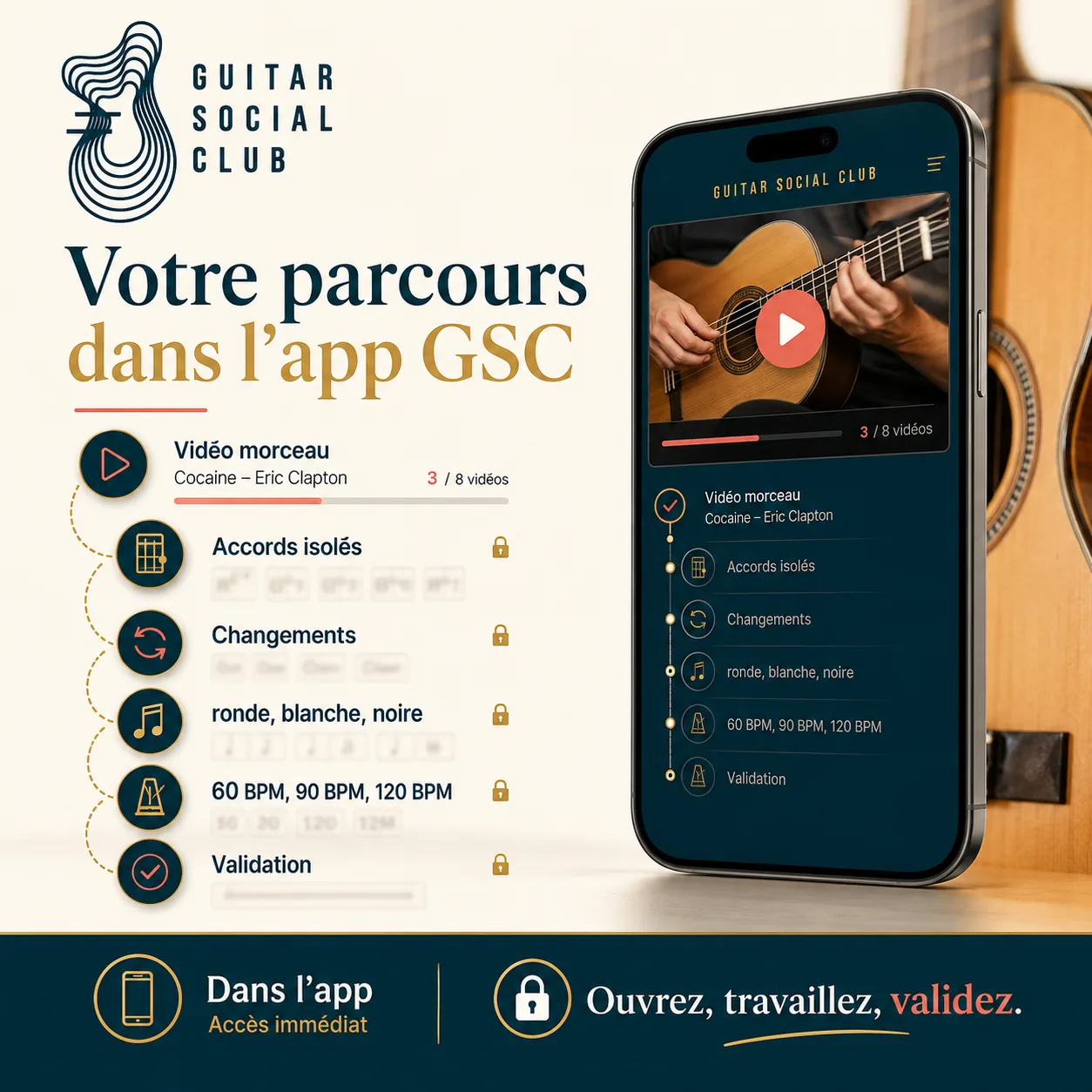 Mockup app Guitar Social Club du parcours Cocaine