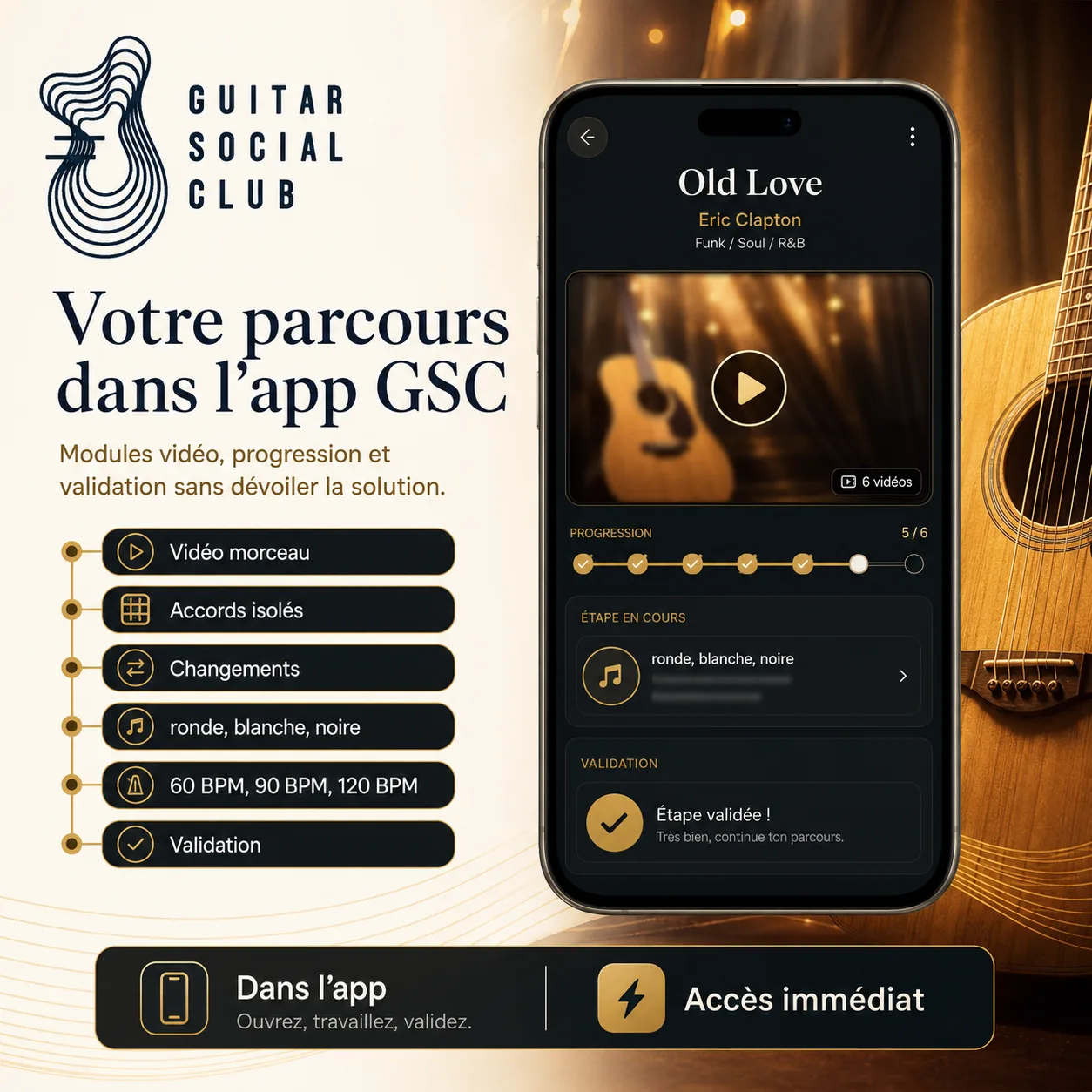 Mockup app Guitar Social Club du parcours Old Love