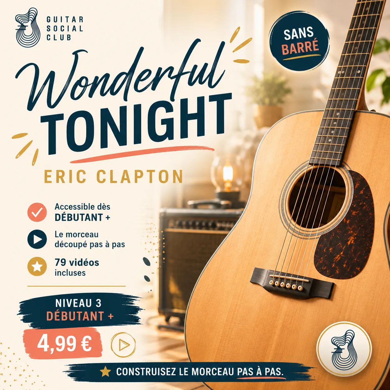 Couverture boutique lumineuse du morceau Wonderful Tonight - Eric Clapton pour Guitar Social Club