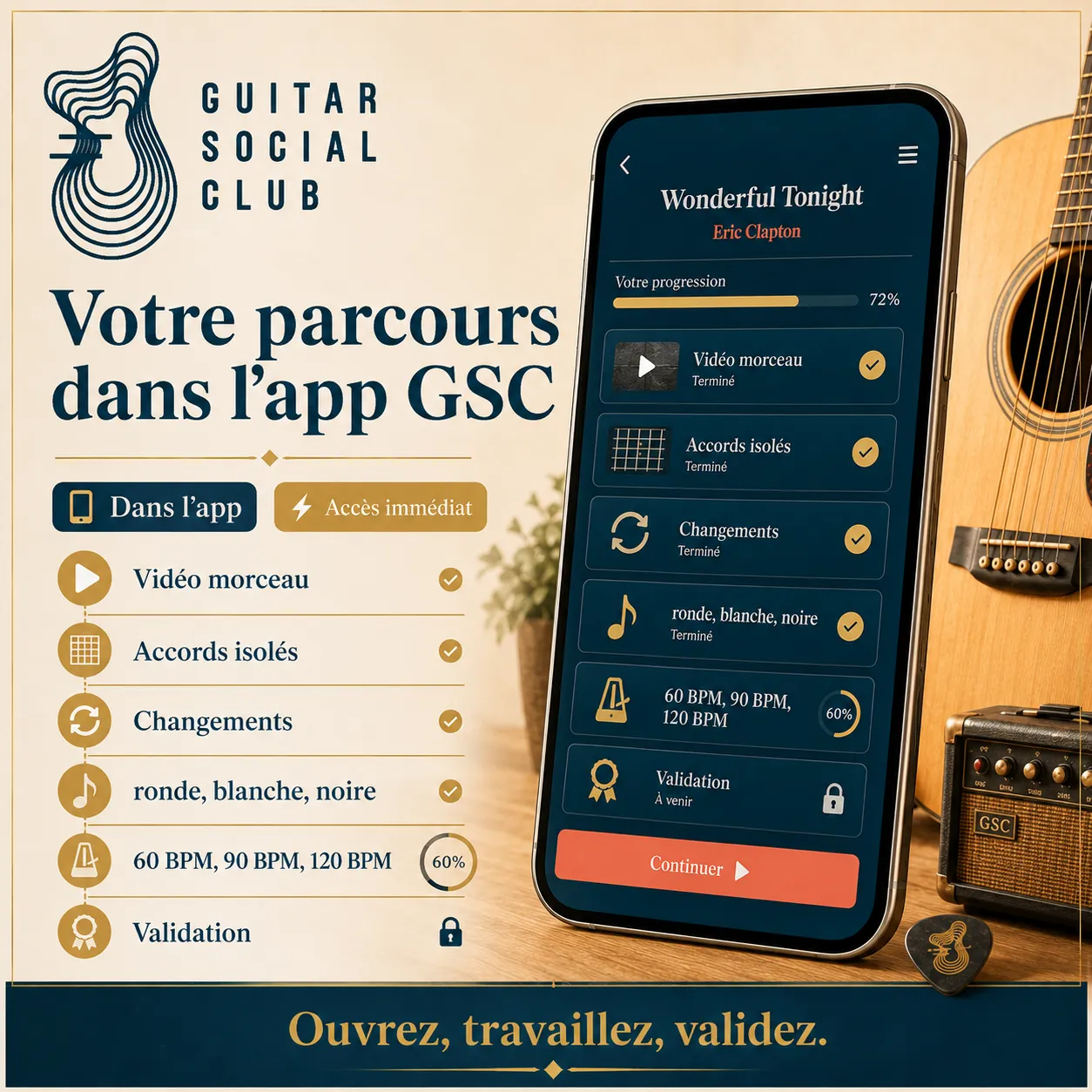 Mockup app Guitar Social Club du parcours Wonderful Tonight