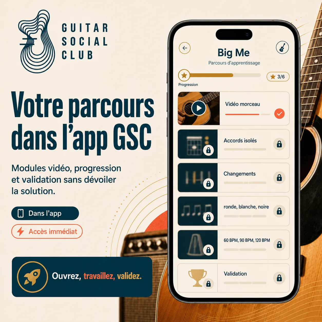 Mockup app Guitar Social Club du parcours Big Me
