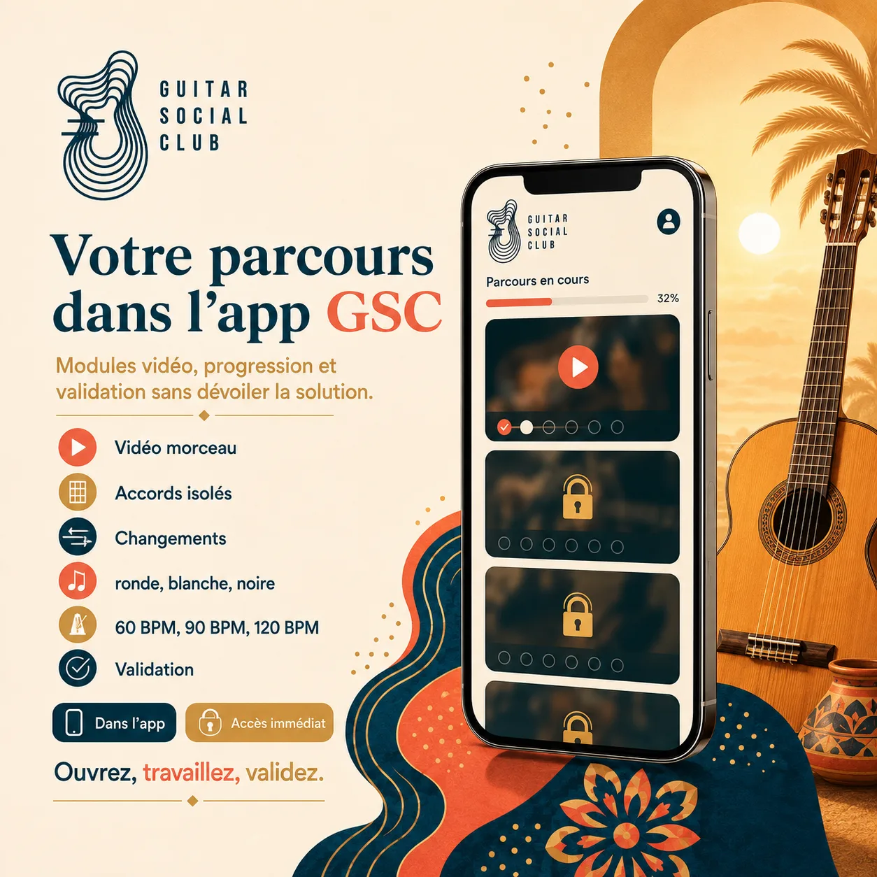 Mockup app Guitar Social Club du parcours Djobi Djoba capo