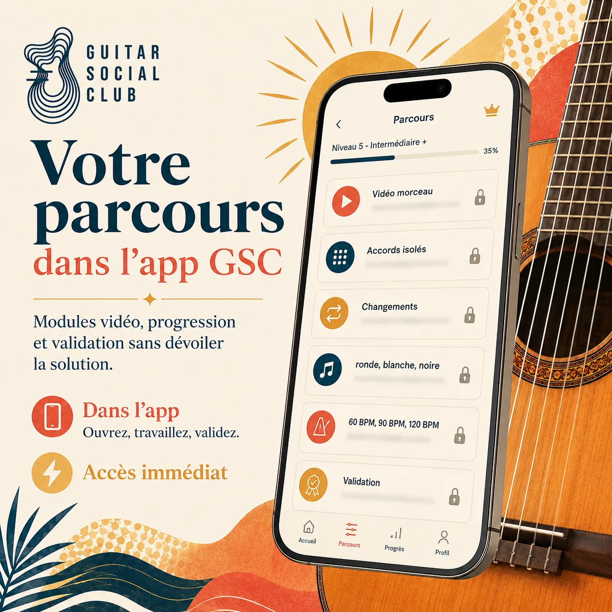 Mockup app Guitar Social Club du parcours Djobi Djoba