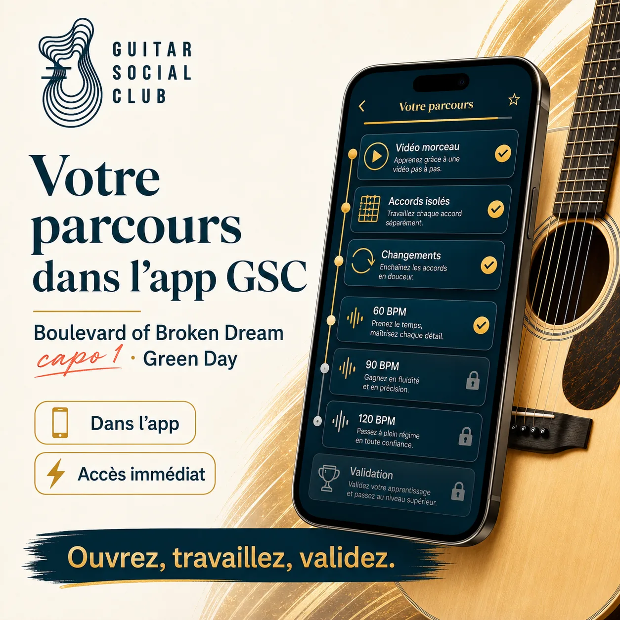 Mockup app Guitar Social Club du parcours Boulevard of Broken Dream capo 1