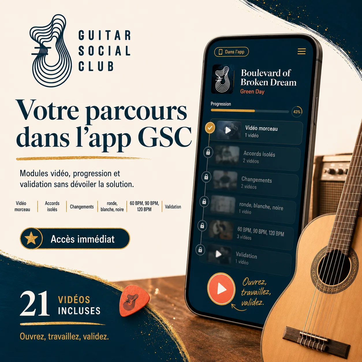 Mockup app Guitar Social Club du parcours Boulevard of Broken Dream