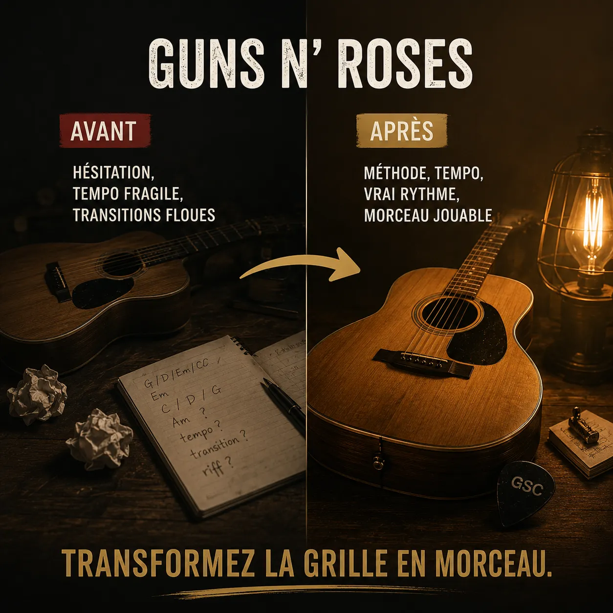 Avant après pédagogique pour transformer la grille en morceau sur Sweet Child O' Mine