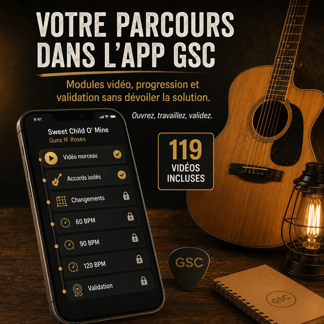 Mockup app Guitar Social Club du parcours Sweet Child O' Mine