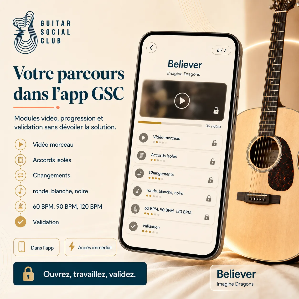 Mockup app Guitar Social Club du parcours Believer