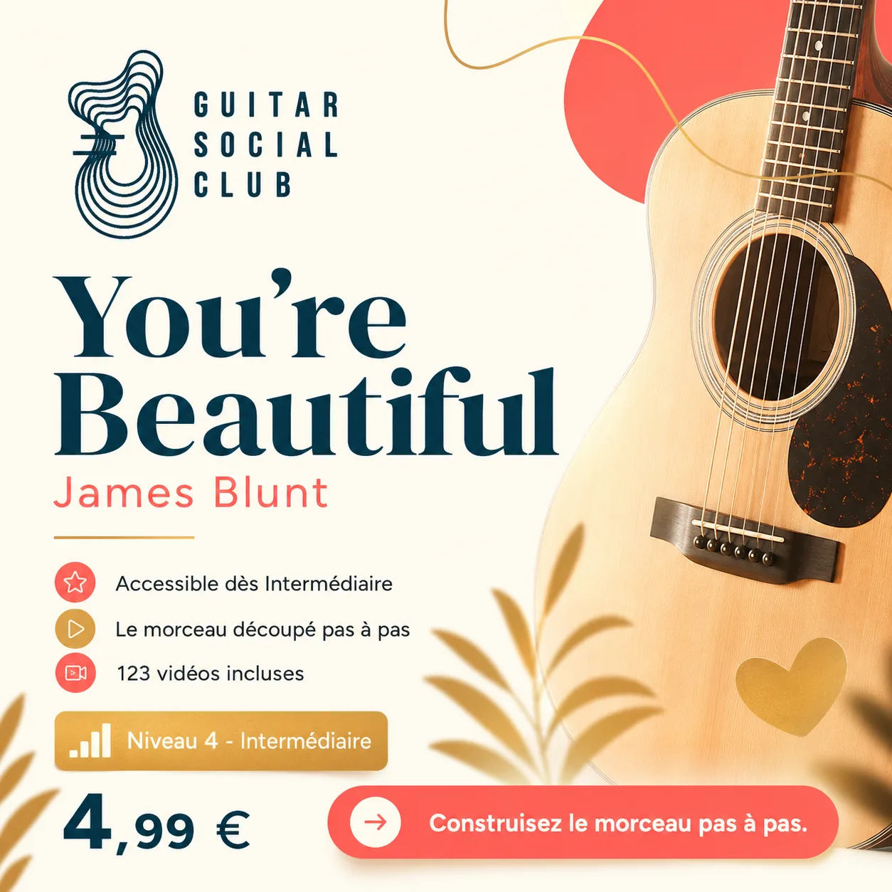 Couverture boutique lumineuse du morceau You're Beautiful - James Blunt pour Guitar Social Club