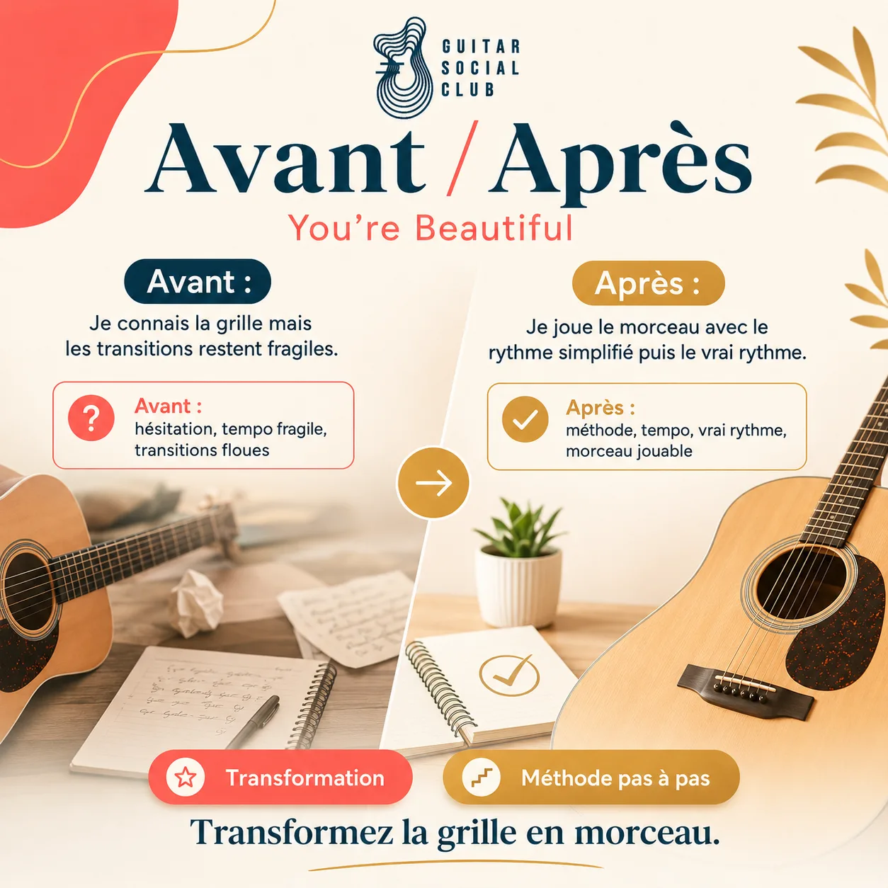 Avant après pédagogique pour transformer la grille en morceau sur You're Beautiful