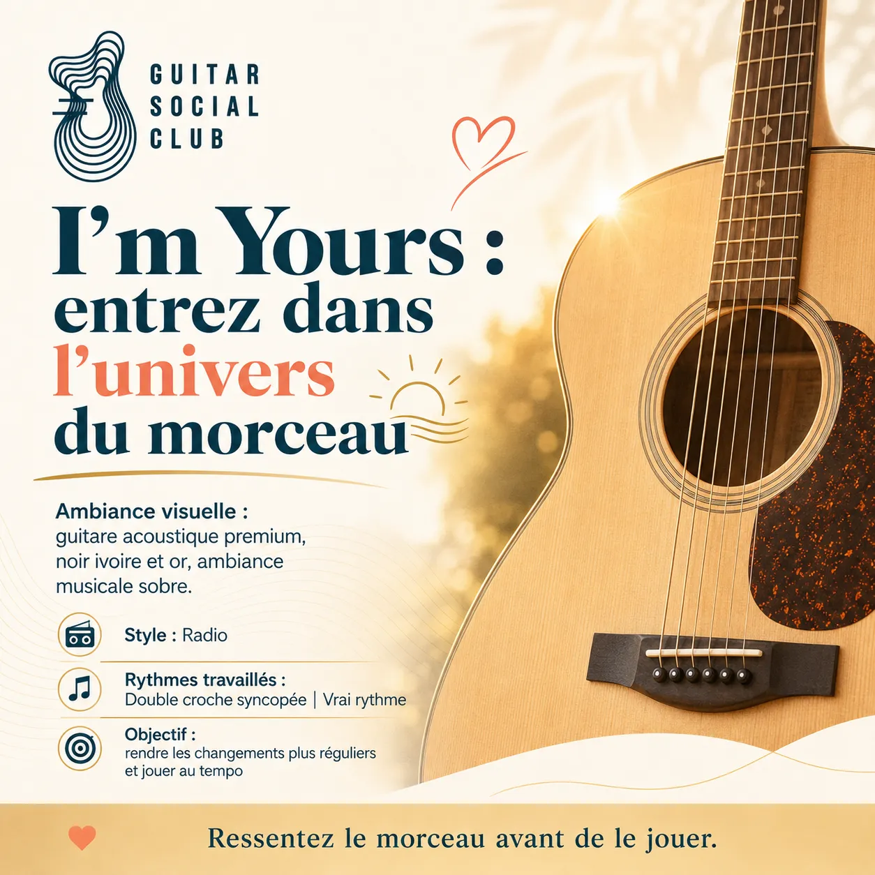 Ambiance pop radio solaire avec guitare acoustique claire pour I'm Yours sans pochette ni artiste