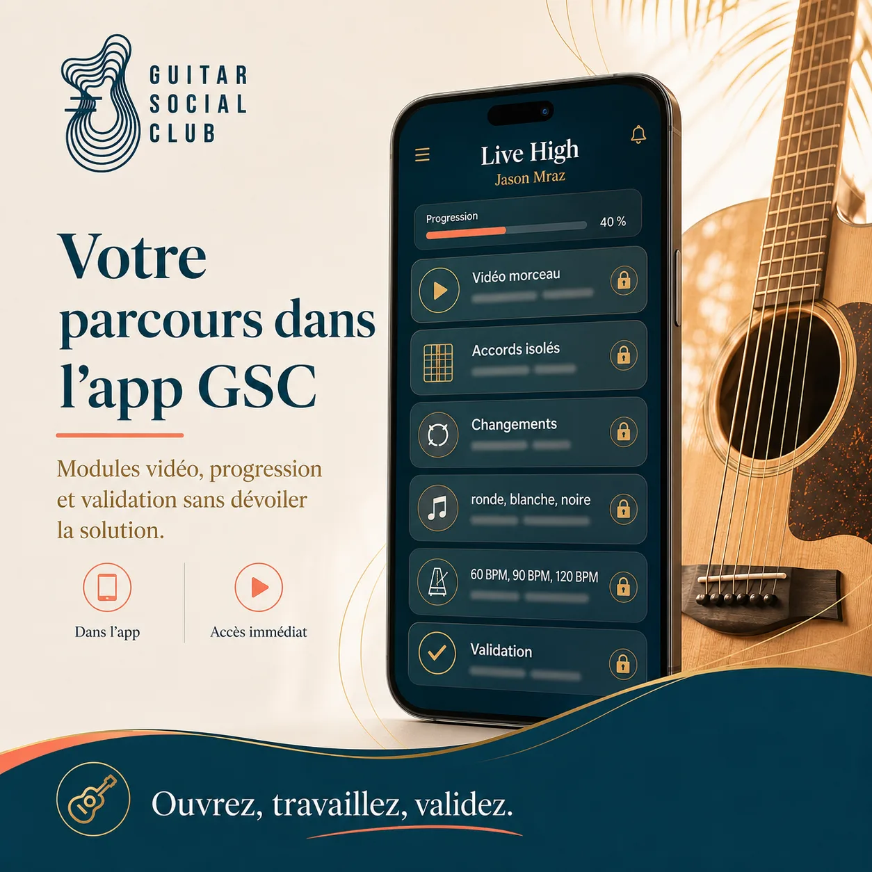 Mockup app Guitar Social Club du parcours Live High