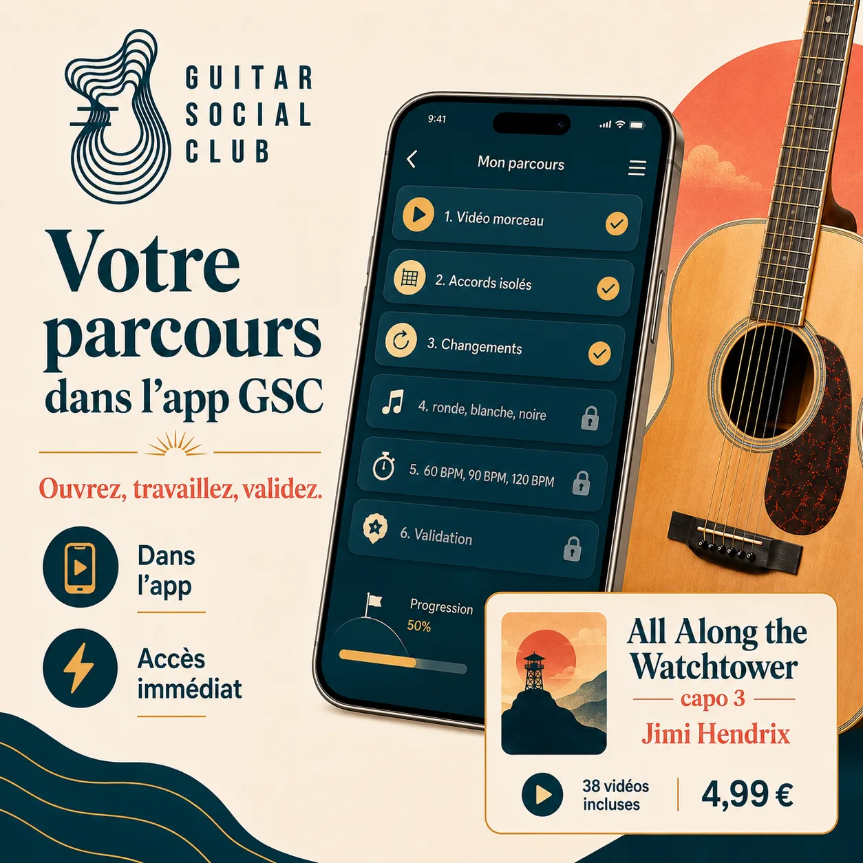 Mockup app Guitar Social Club du parcours All Along the Watchtower capo 3