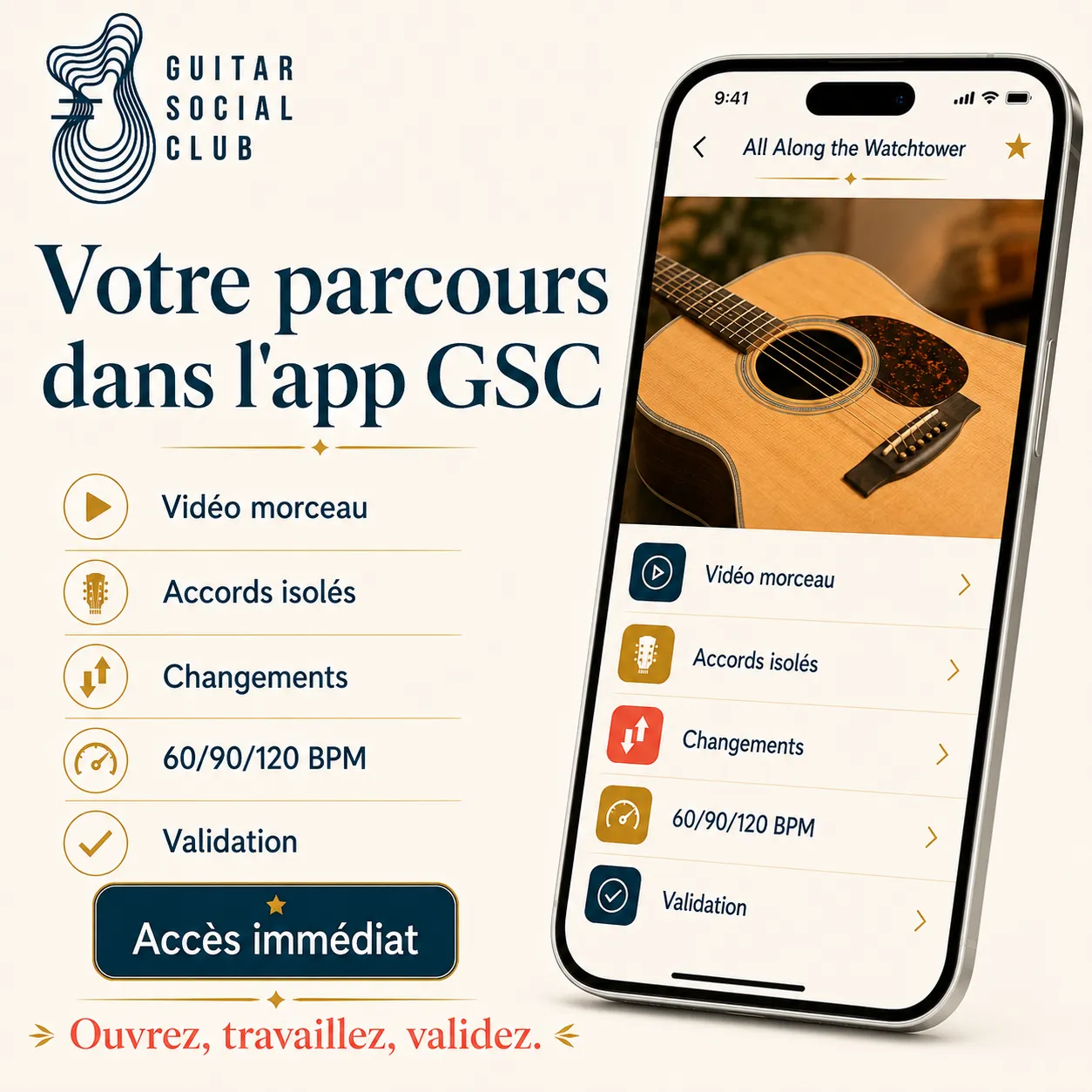 Mockup app Guitar Social Club du parcours All Along the Watchtower