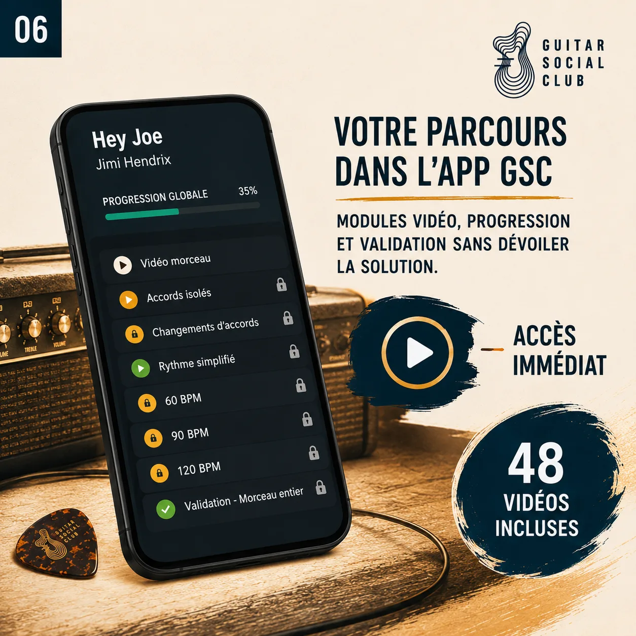 Mockup app Guitar Social Club du parcours Hey Joe