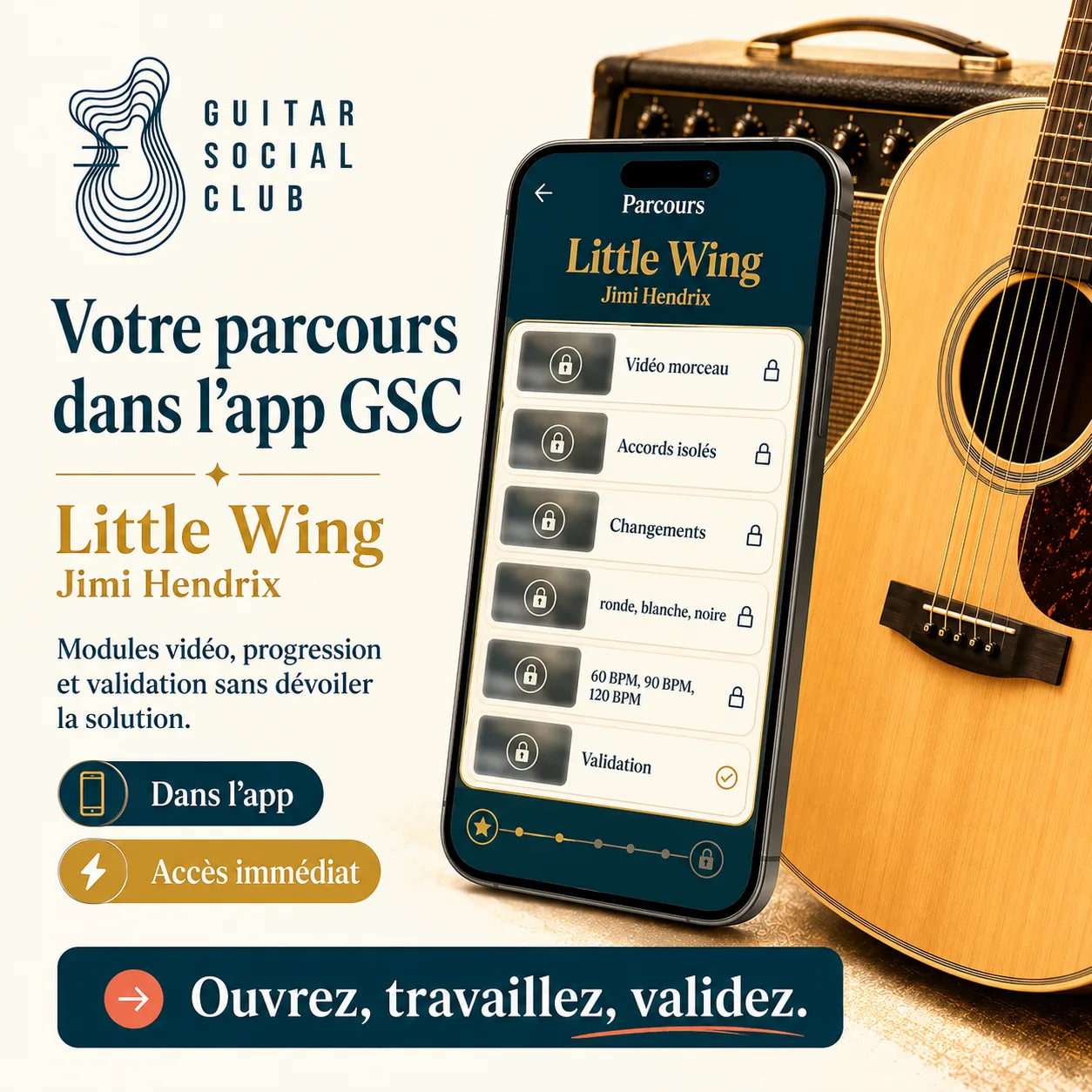 Mockup app Guitar Social Club du parcours Little Wing