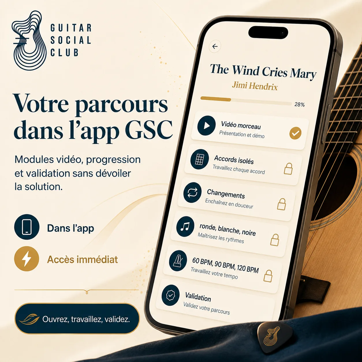 Mockup app Guitar Social Club du parcours The Wind Cries Mary