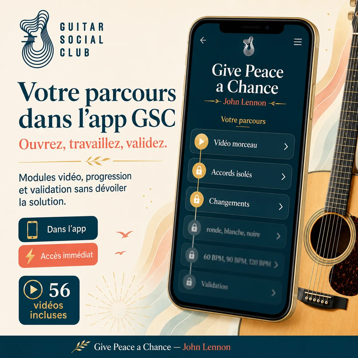 Mockup app Guitar Social Club du parcours Give Peace a Chance