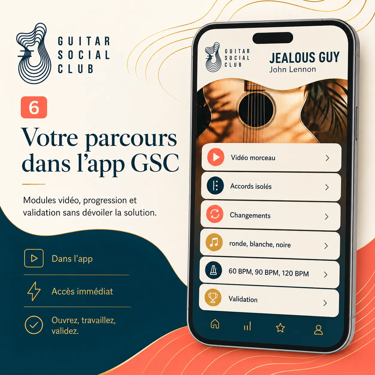 Mockup app Guitar Social Club du parcours Jealous Guy