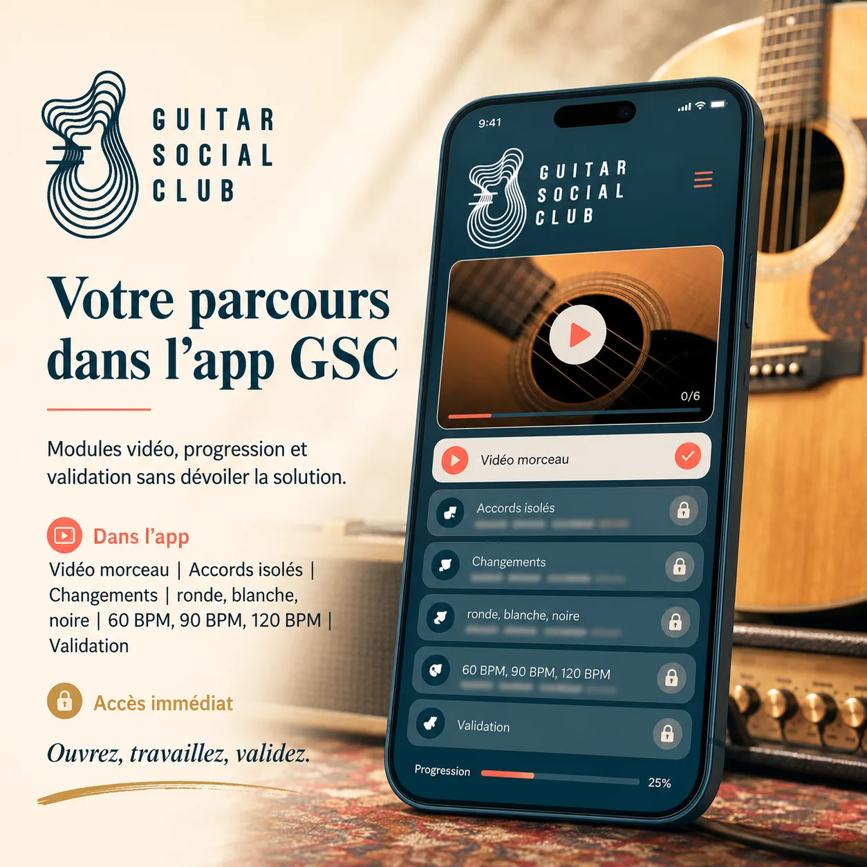 Mockup app Guitar Social Club du parcours Babe I'm Gonna Leave You