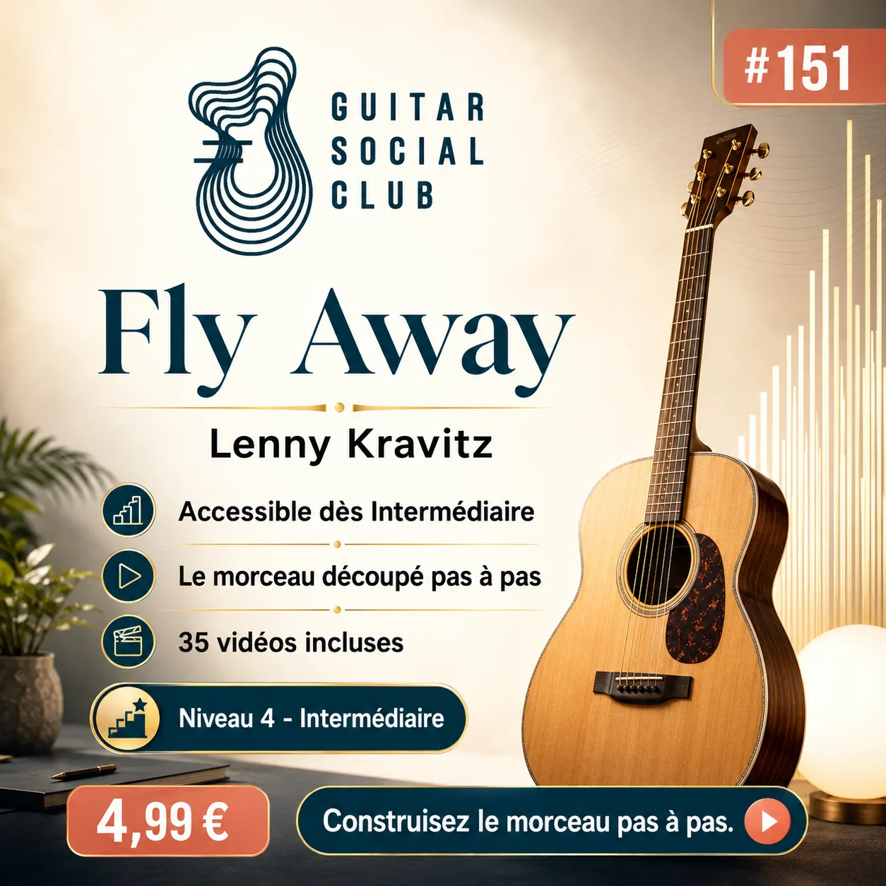Couverture boutique lumineuse du morceau Fly Away - Lenny Kravitz pour Guitar Social Club