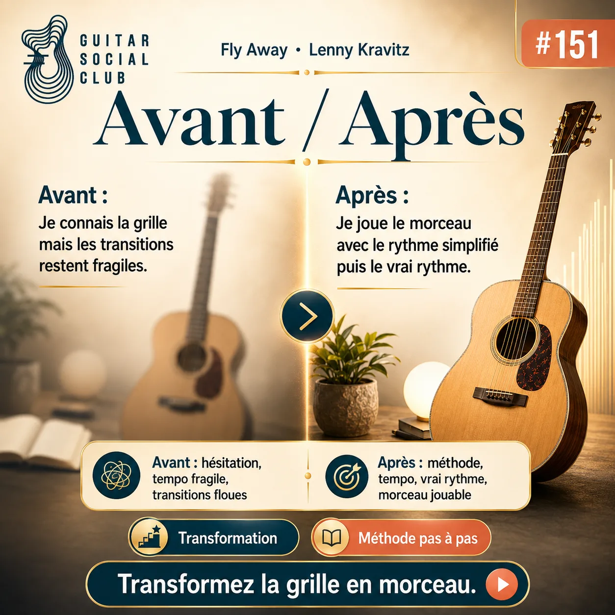 Avant après pédagogique pour transformer la grille en morceau sur Fly Away