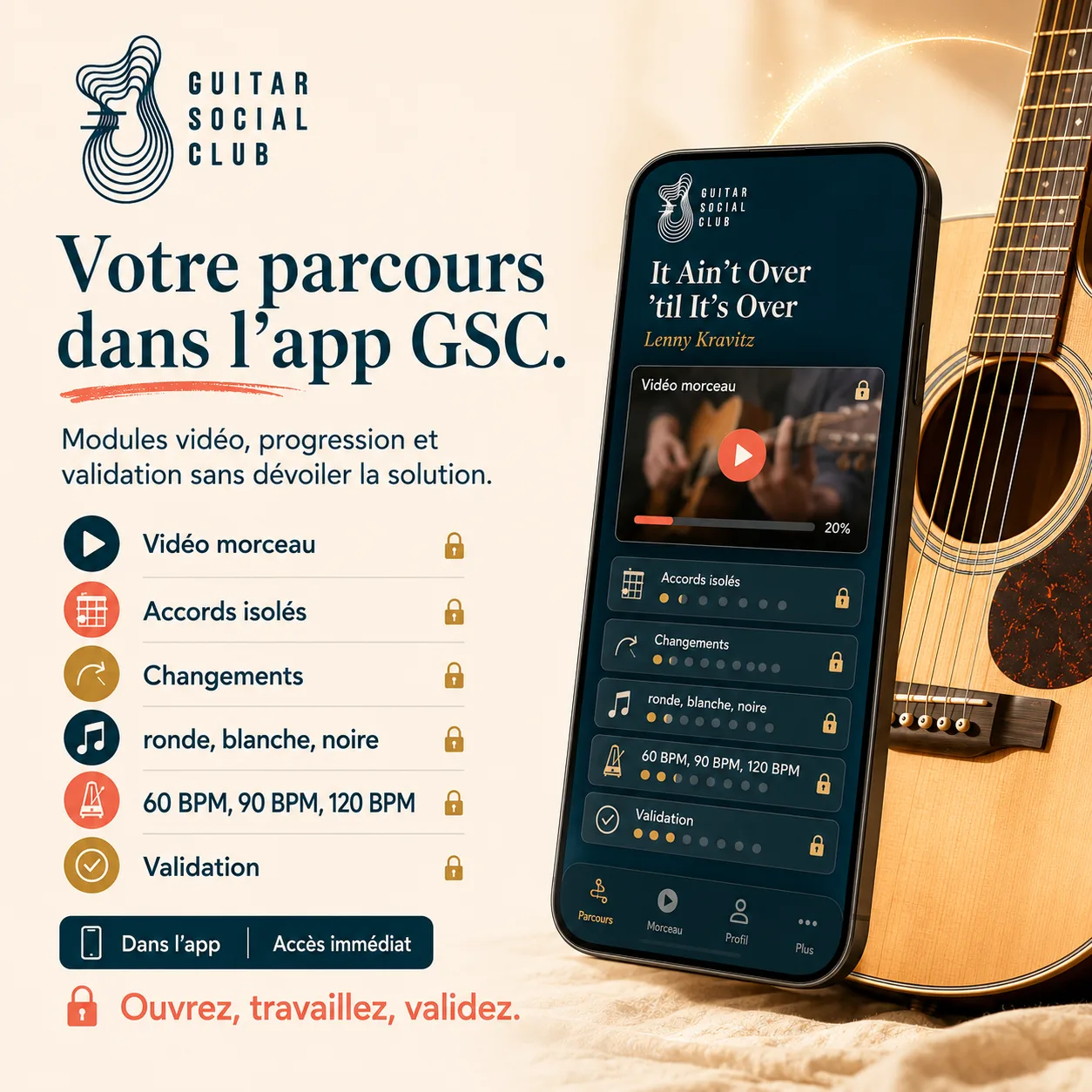 Mockup app Guitar Social Club du parcours It Ain't Over 'til It's Over