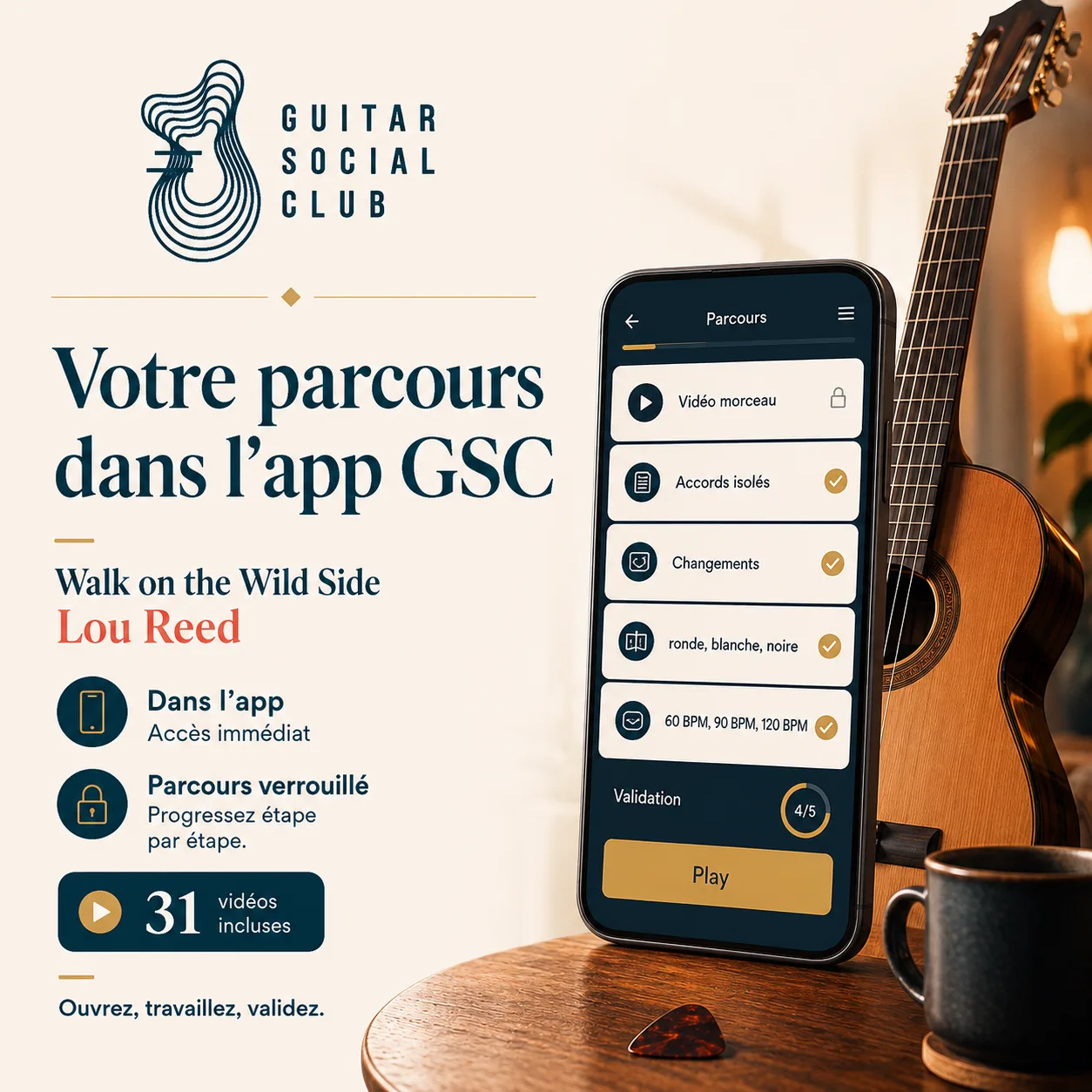 Mockup app Guitar Social Club du parcours Walk on the Wild Side