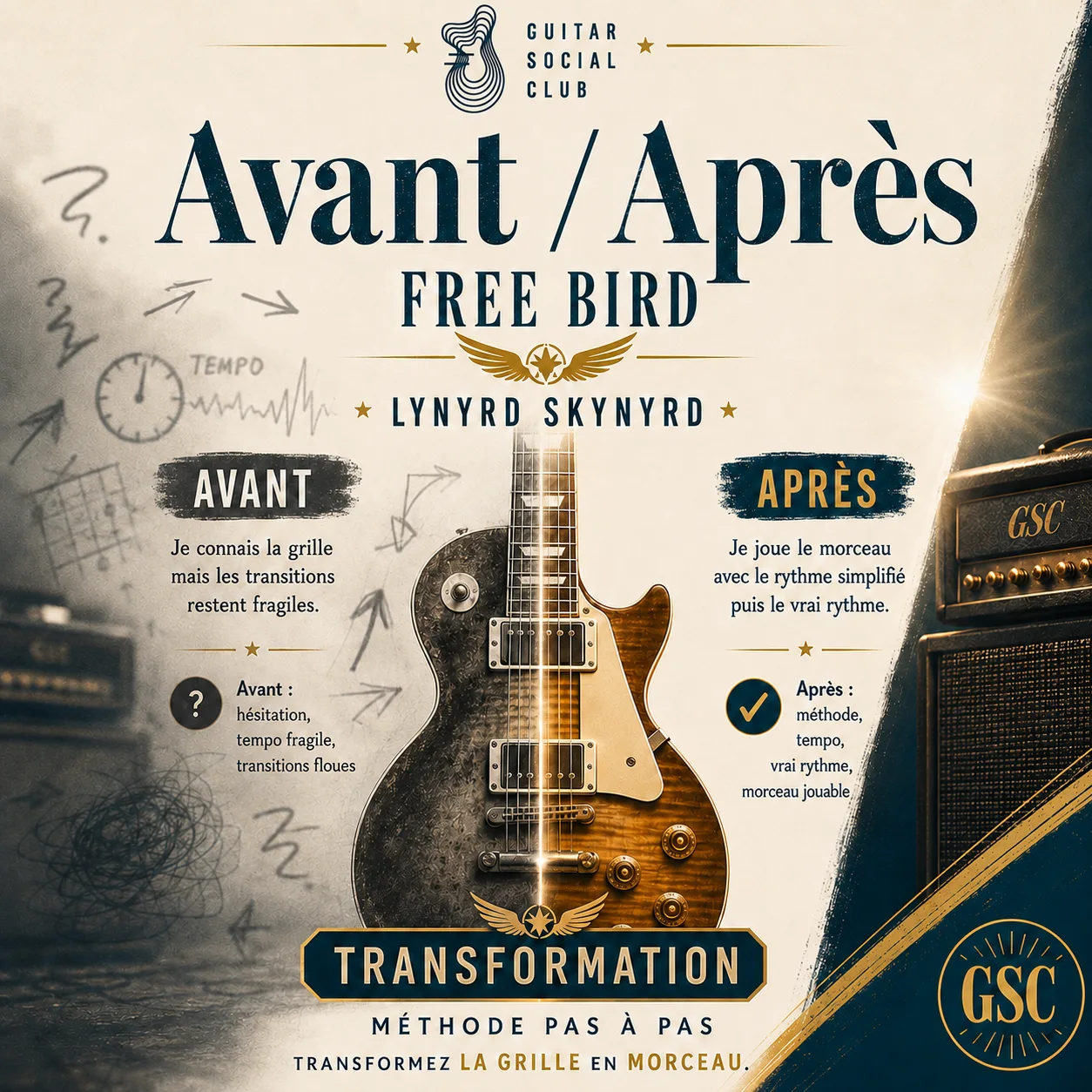 Avant après pédagogique pour transformer la grille en morceau sur Free Bird