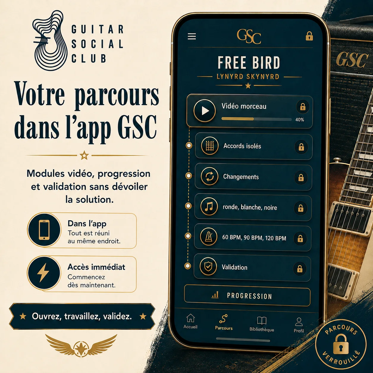 Mockup app Guitar Social Club du parcours Free Bird