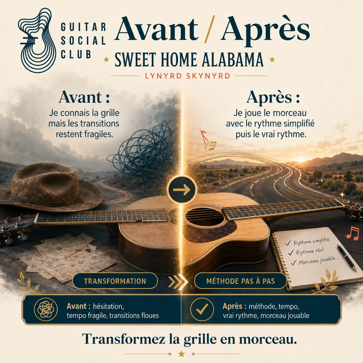 Avant après pédagogique pour transformer la grille en morceau sur Sweet Home Alabama