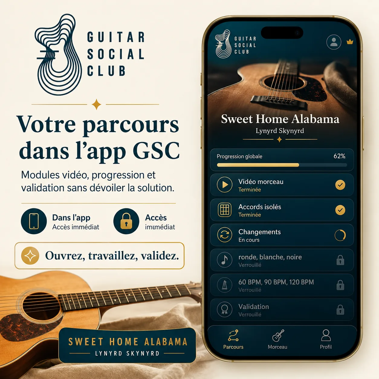 Mockup app Guitar Social Club du parcours Sweet Home Alabama