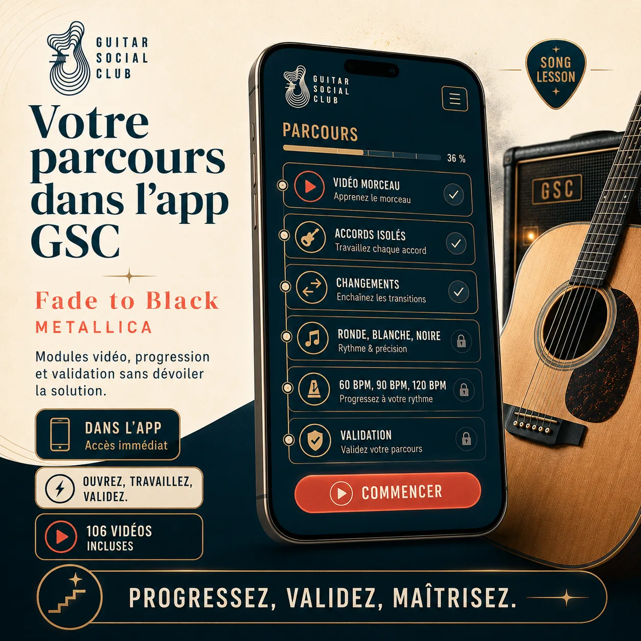 Mockup app Guitar Social Club du parcours Fade to Black
