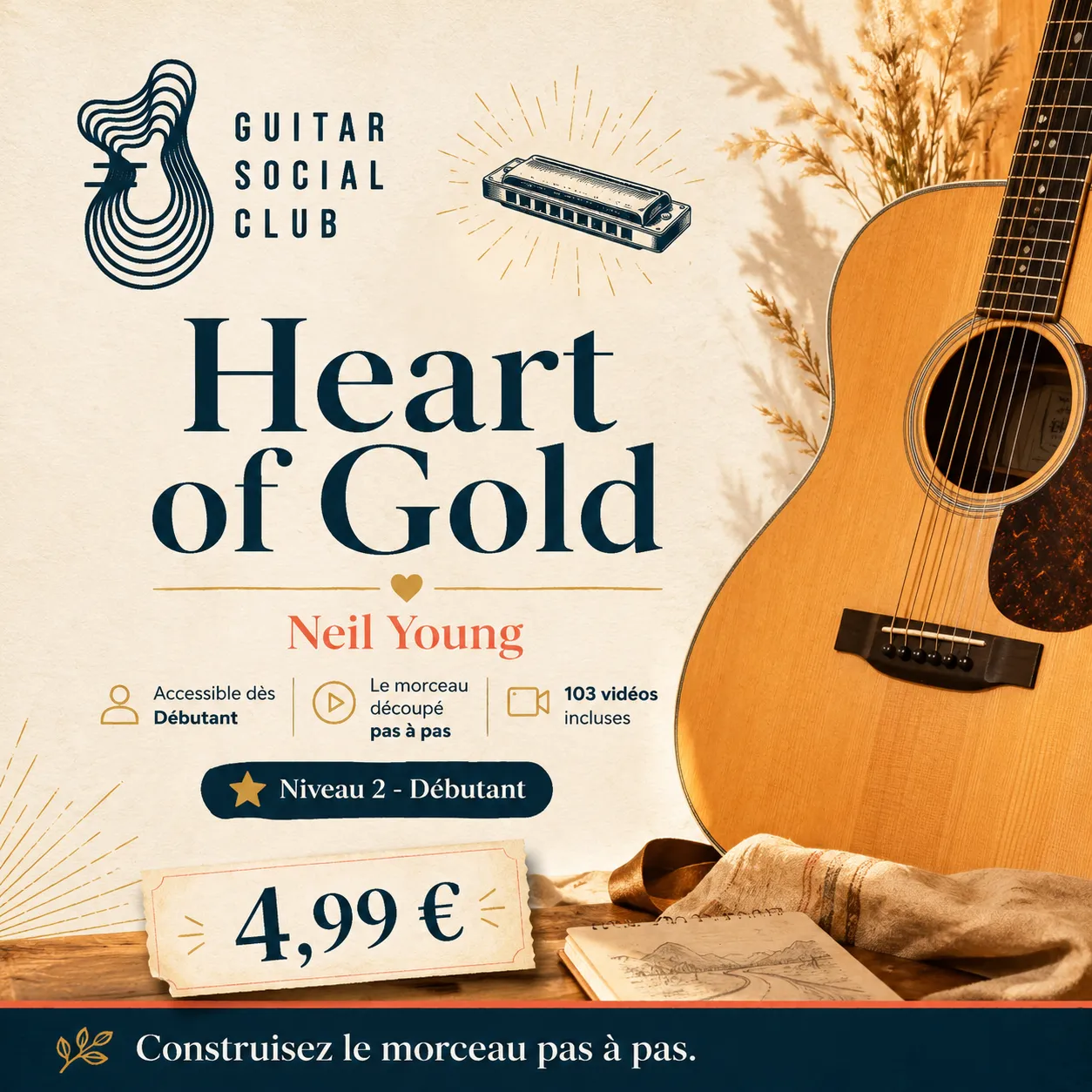 Couverture boutique lumineuse de Heart of Gold avec univers folk acoustique doré