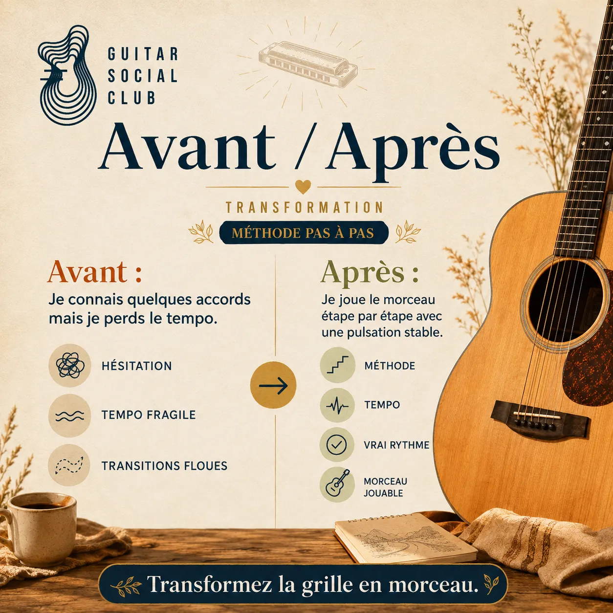 Avant après pédagogique pour transformer la grille en morceau sur Heart of Gold