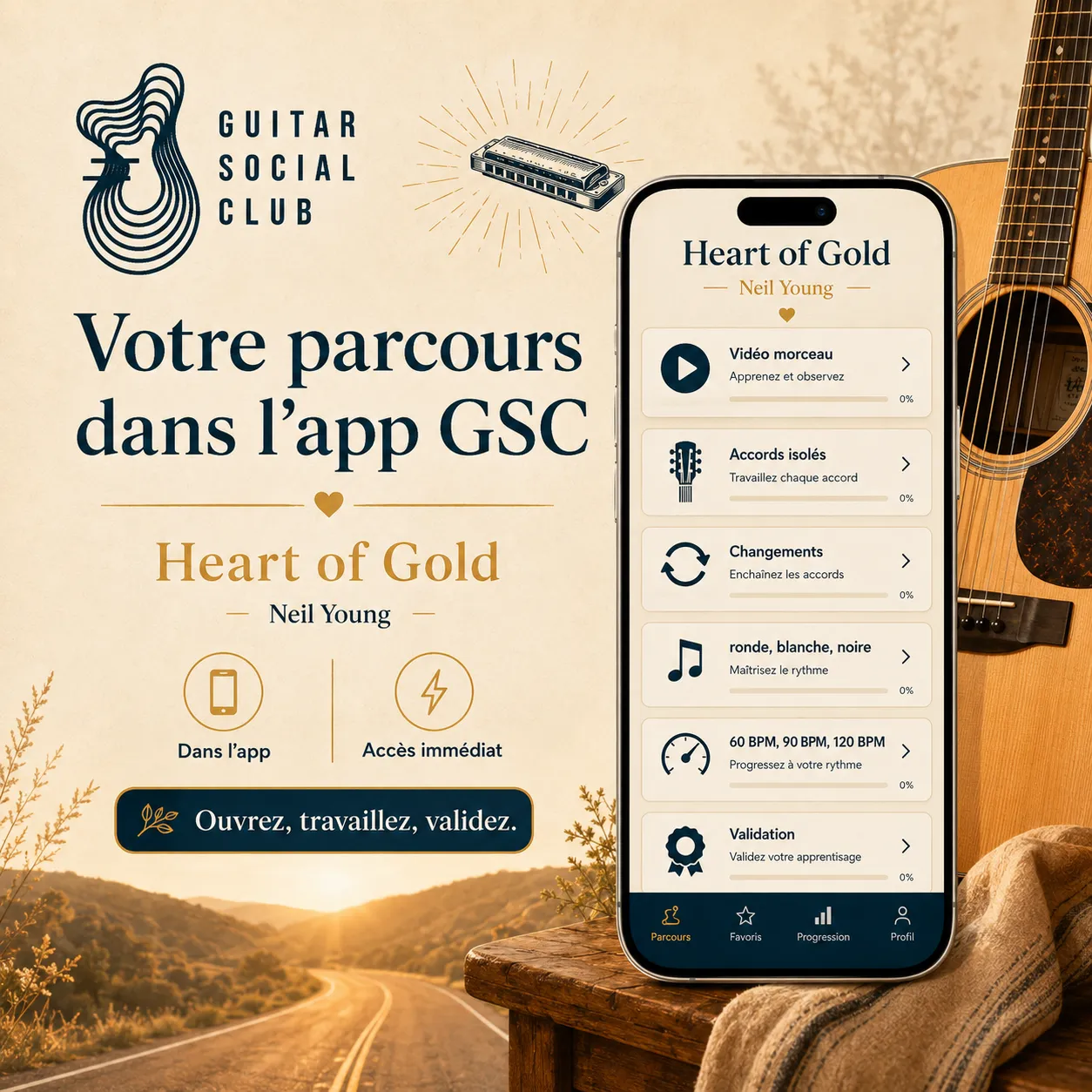 Mockup app Guitar Social Club du parcours Heart of Gold