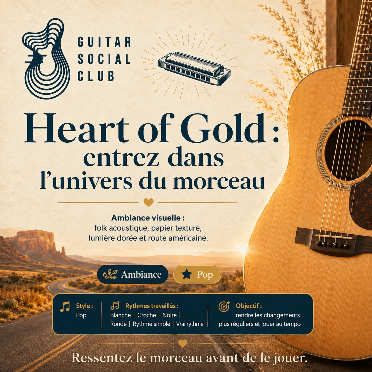 Ambiance folk acoustique avec lumière dorée et route américaine pour Heart of Gold sans pochette ni artiste