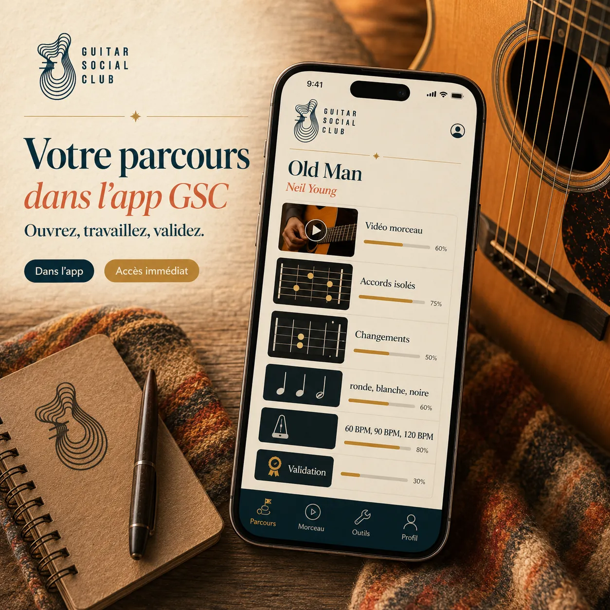 Mockup app Guitar Social Club du parcours Old Man