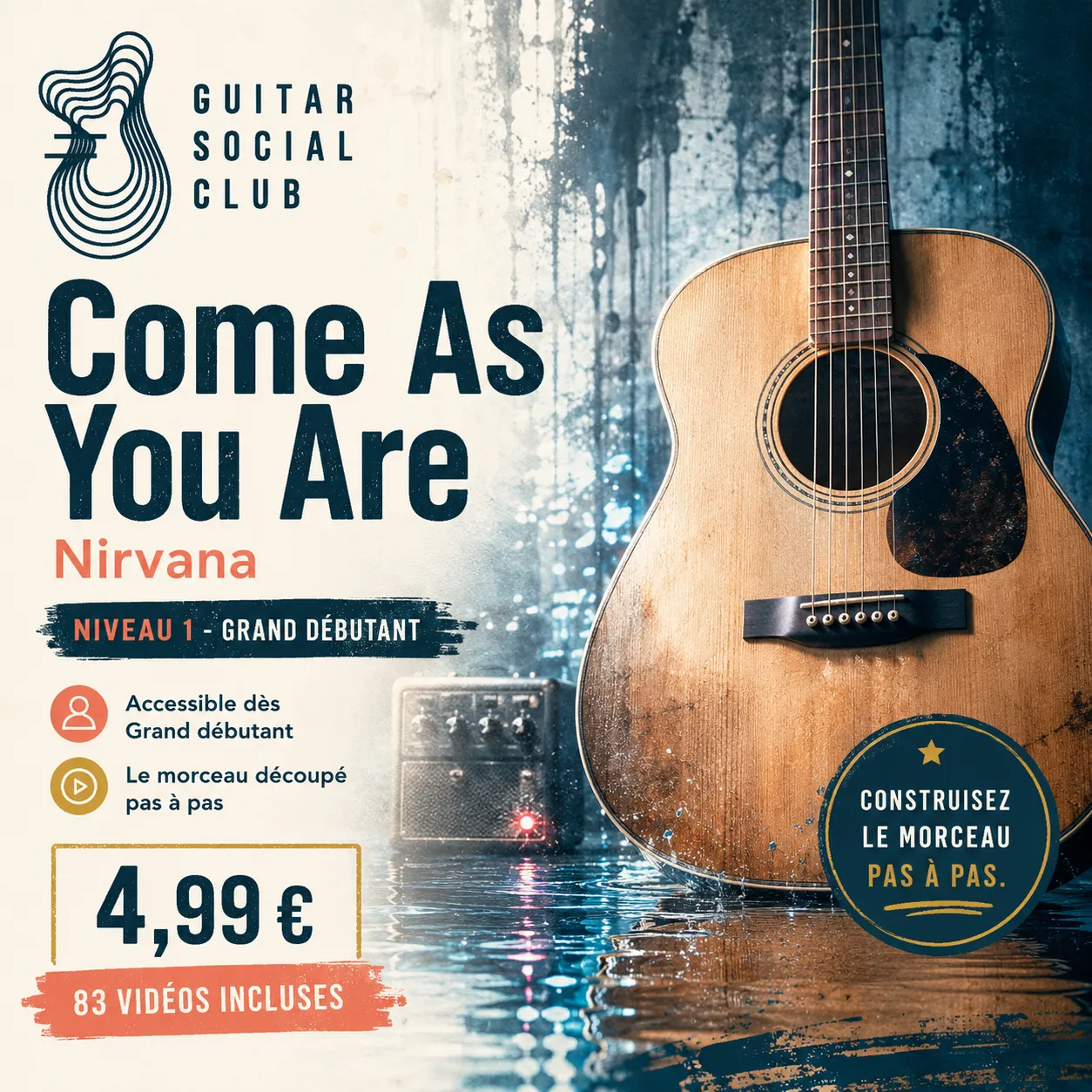 Couverture boutique lumineuse de Come As You Are avec texture grunge et guitare électrique