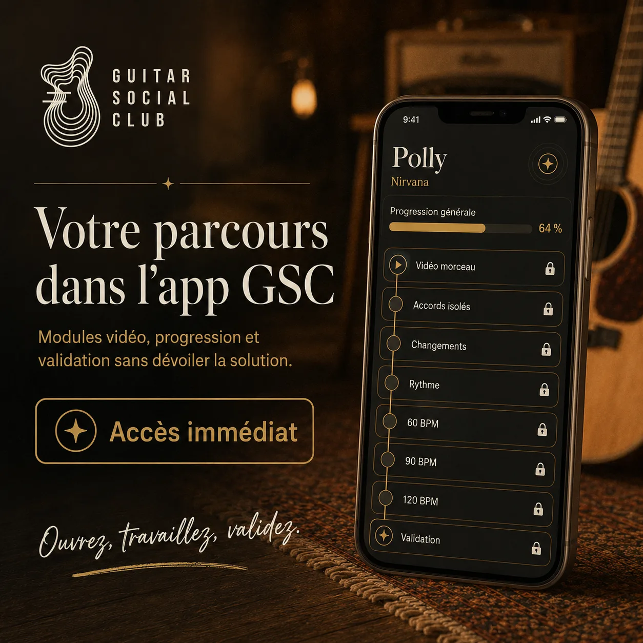 Mockup app Guitar Social Club du parcours Polly
