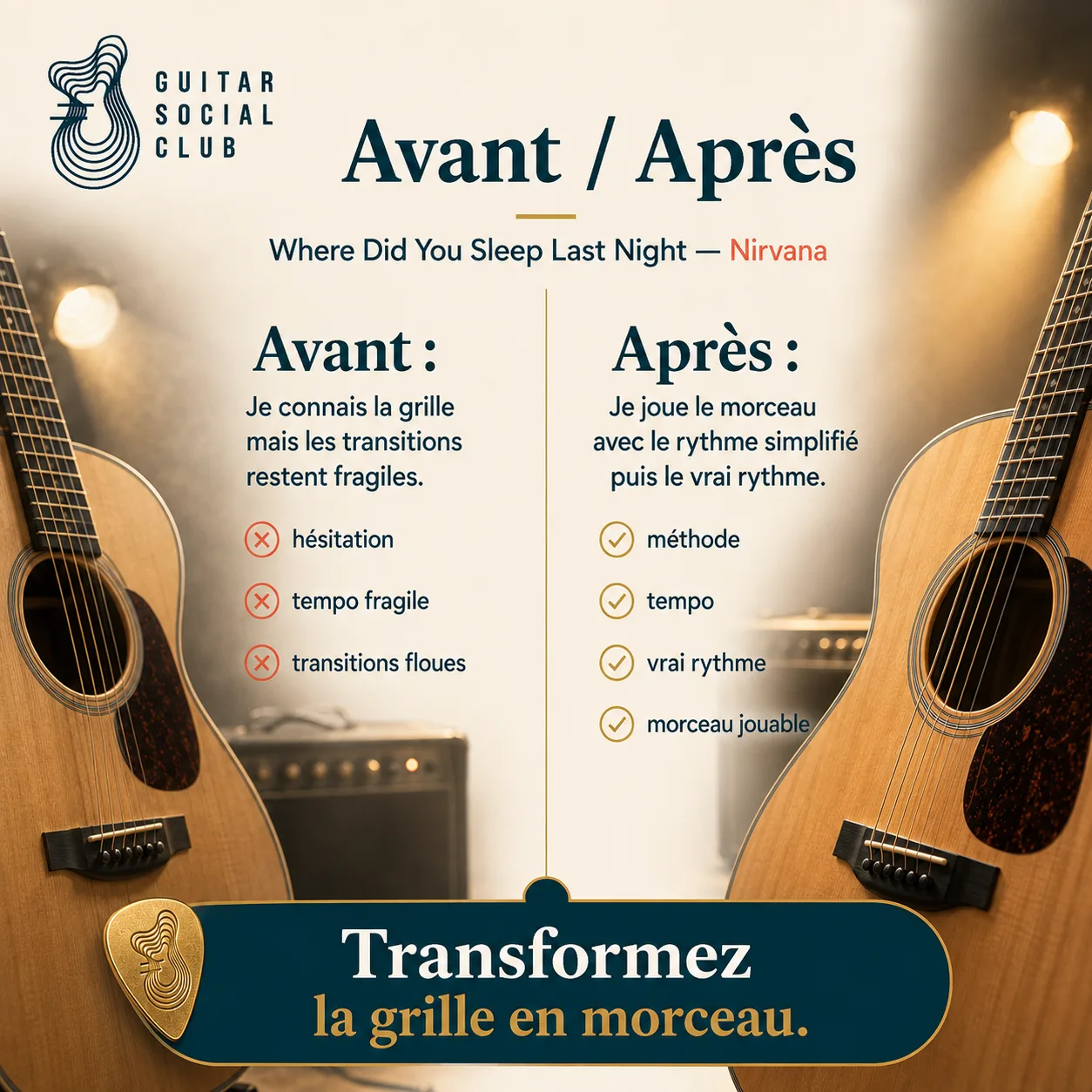 Avant après pédagogique pour transformer la grille en morceau sur Where Did You Sleep Last Night