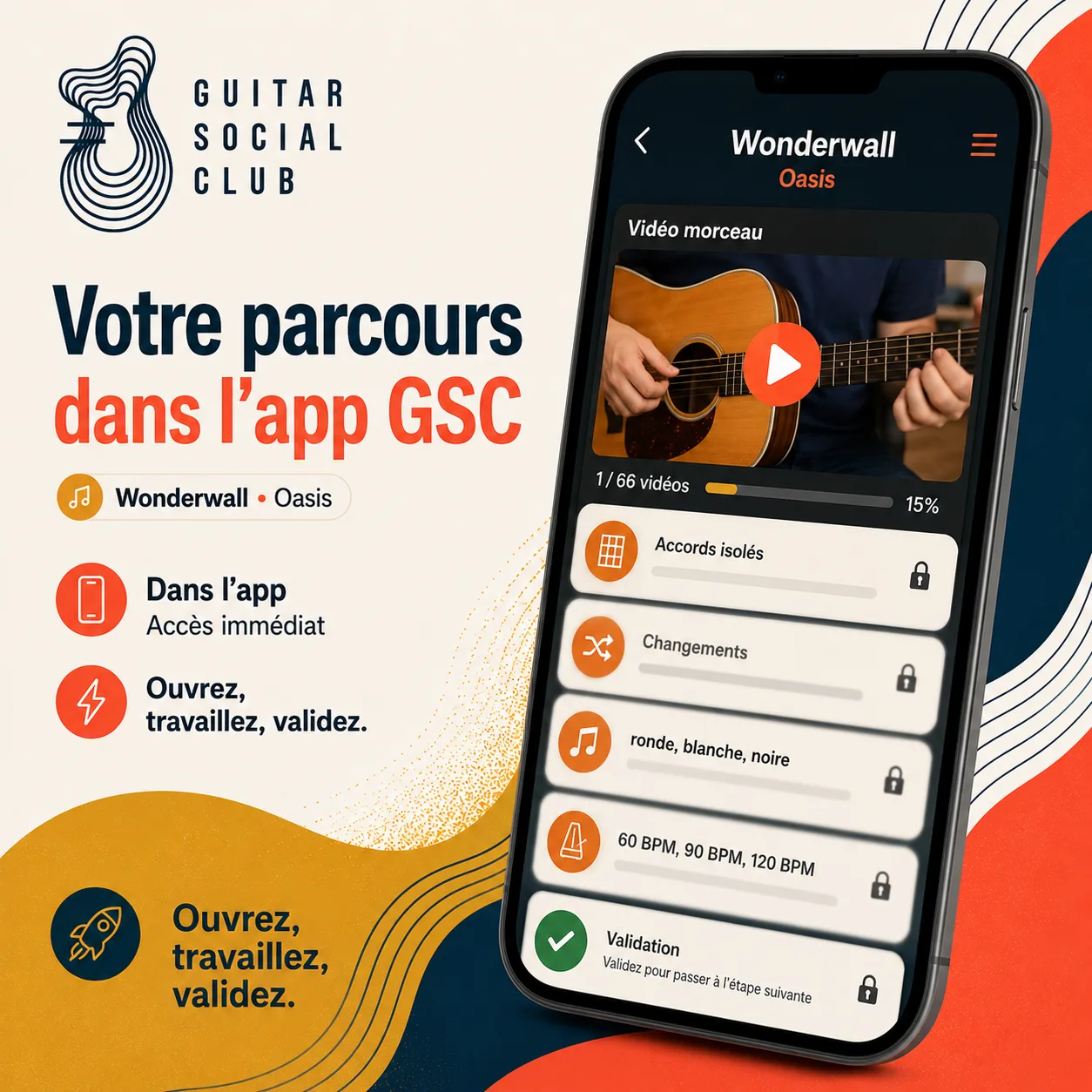 Mockup app Guitar Social Club du parcours Wonderwall