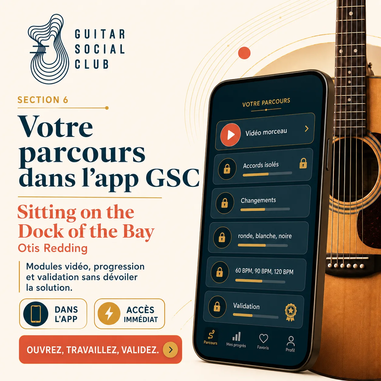 Mockup app Guitar Social Club du parcours Sitting on the Dock of the Bay