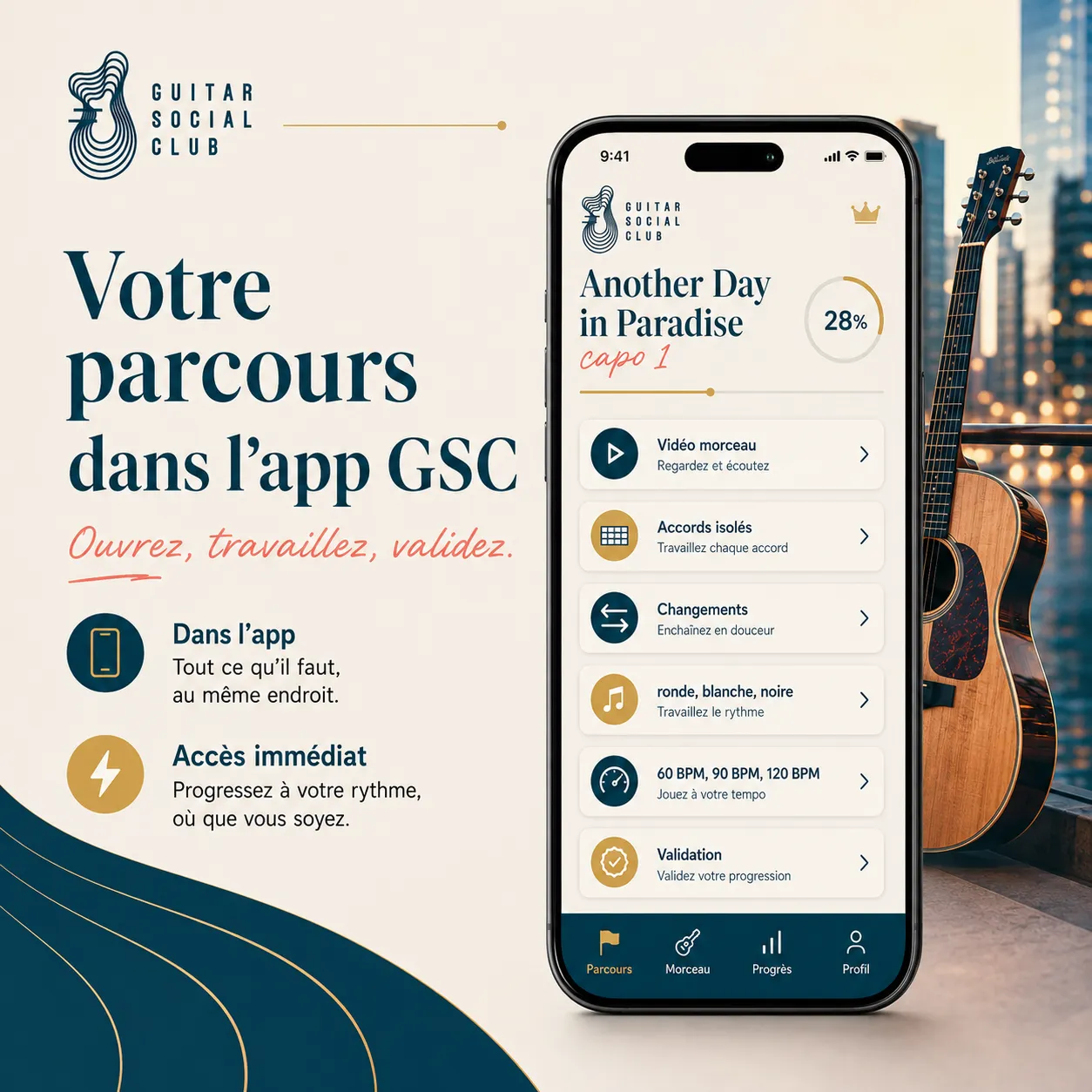Mockup app Guitar Social Club du parcours Another Day in Paradise capo 1