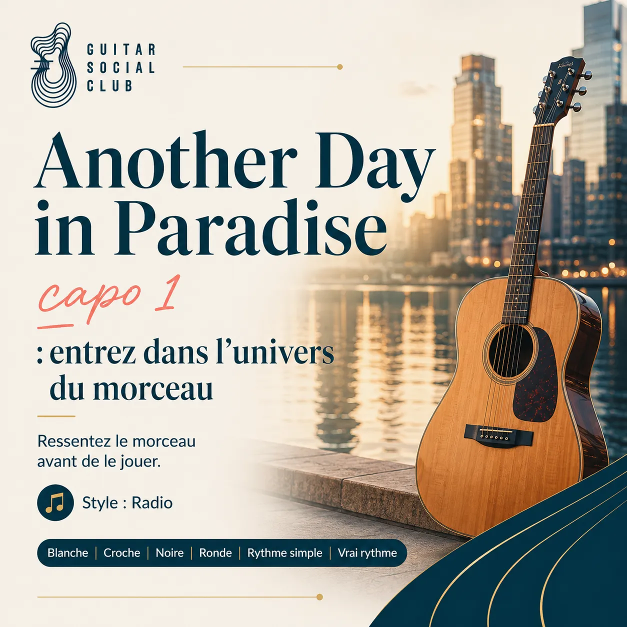 Ambiance ballade radio urbaine douce avec guitare propre et lumière diffuse pour Another Day in Paradise capo 1 sans pochette ni artiste