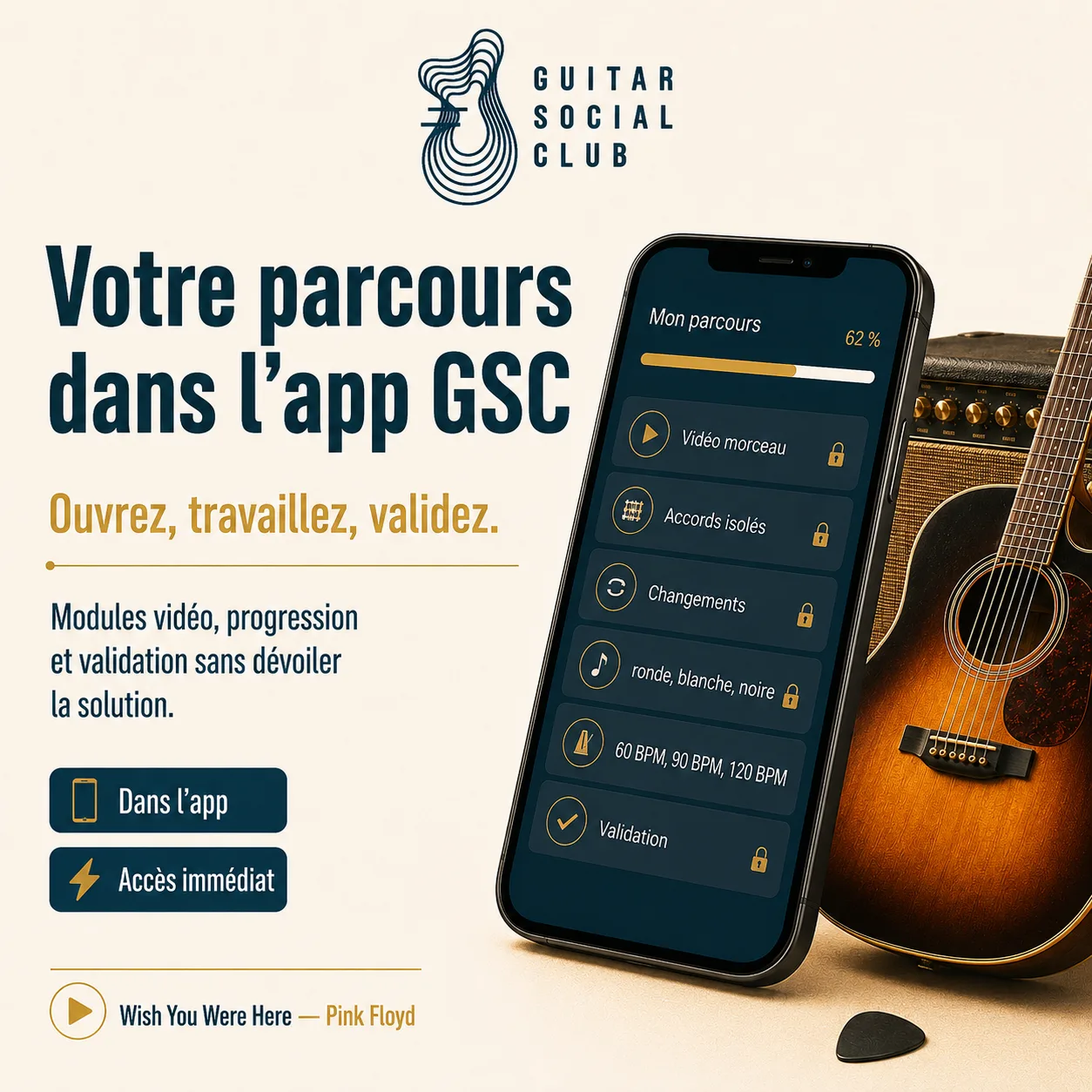 Mockup app Guitar Social Club du parcours Wish You Were Here