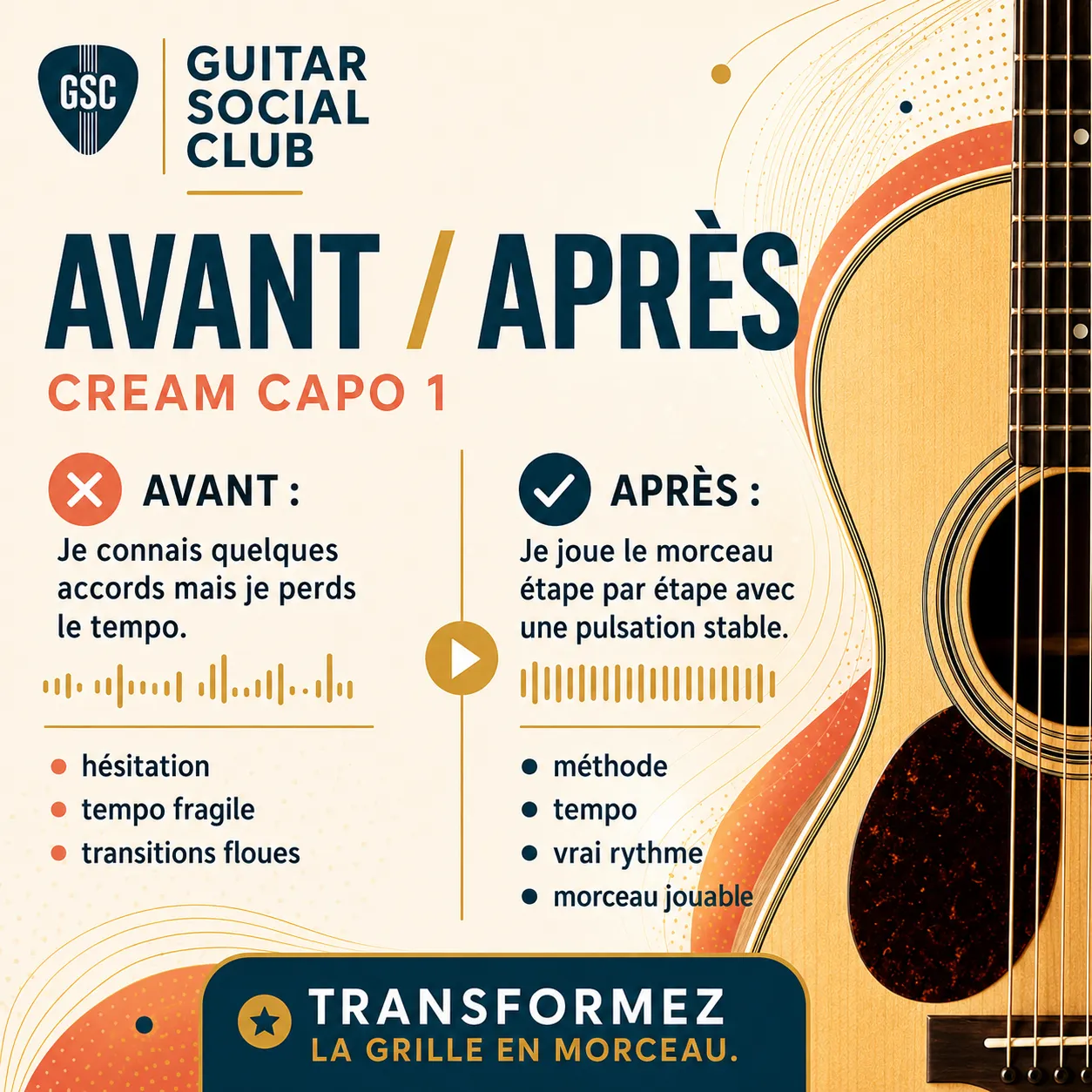 Avant après pédagogique pour transformer la grille en morceau sur Cream capo 1