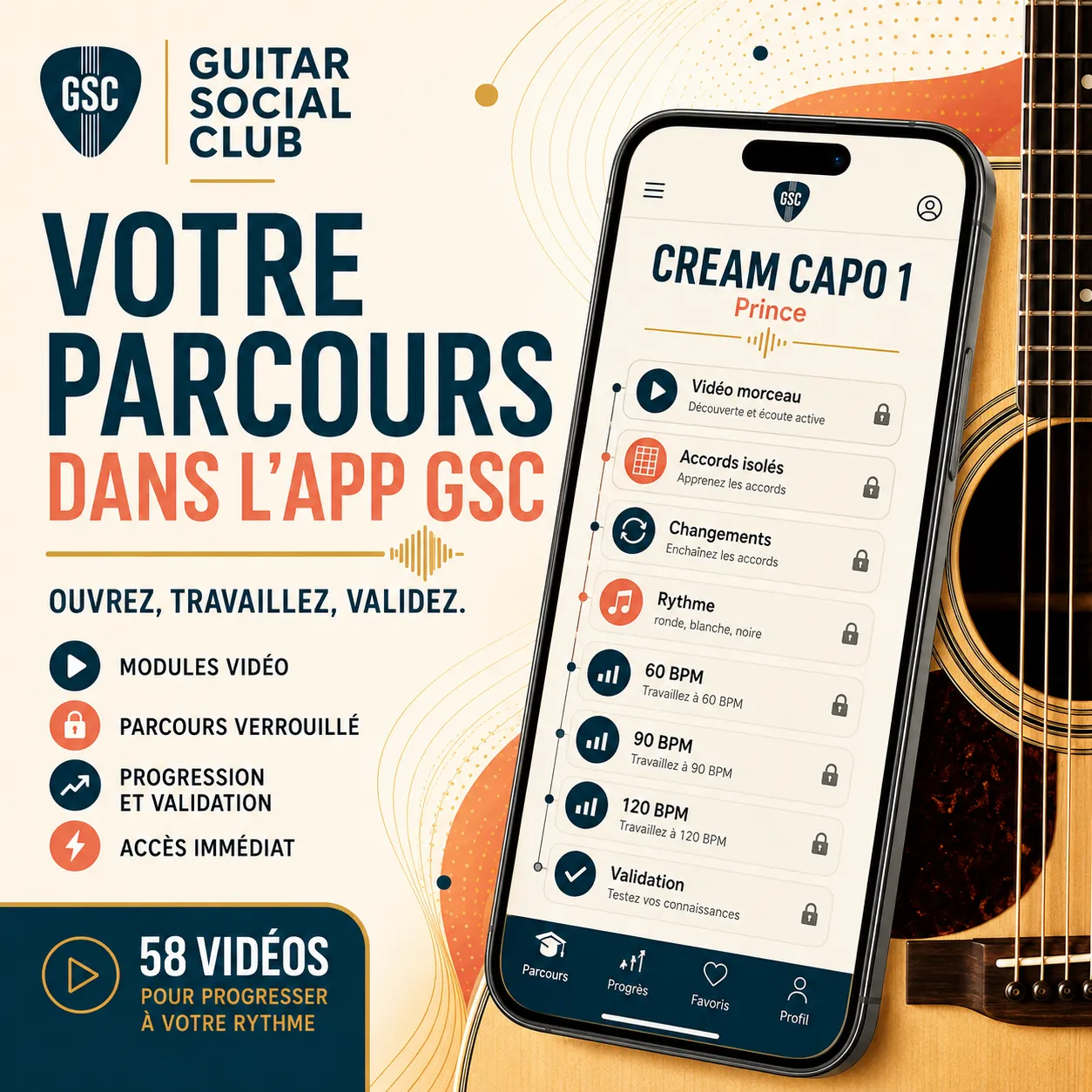 Mockup app Guitar Social Club du parcours Cream capo 1