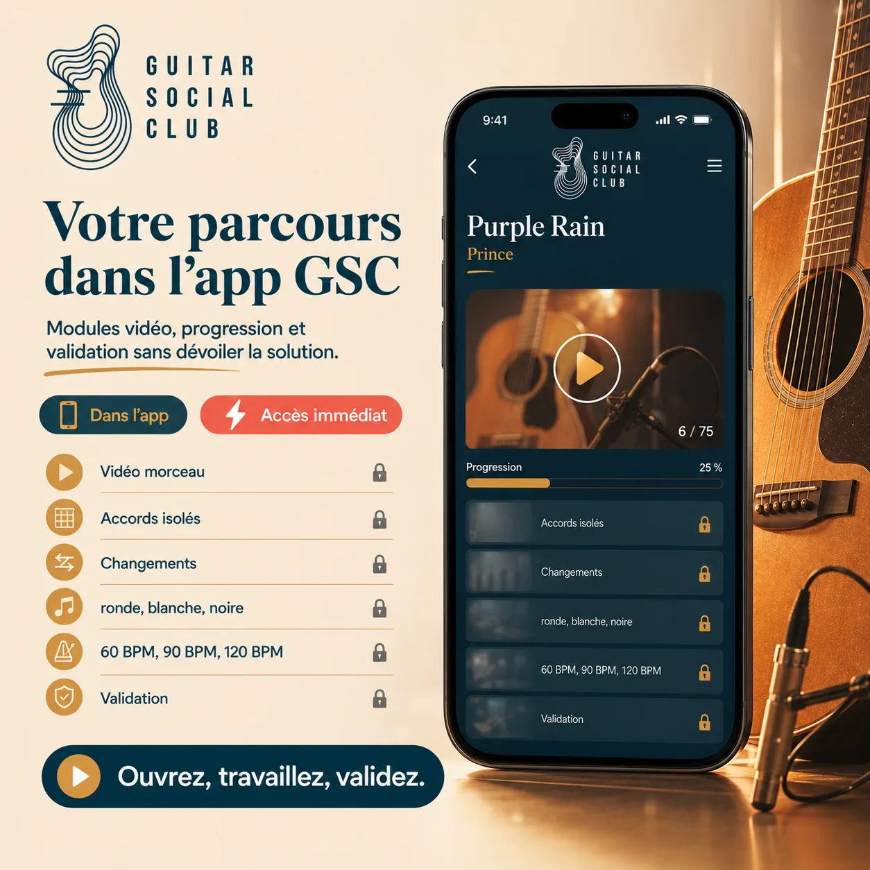 Mockup app Guitar Social Club du parcours Purple Rain