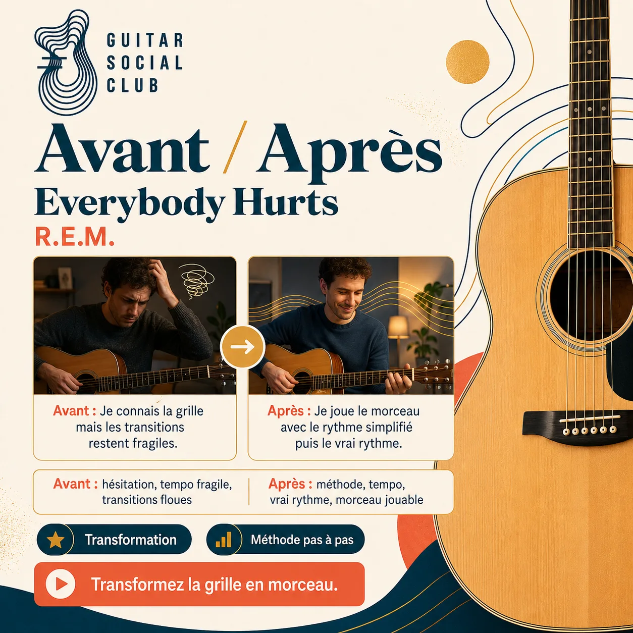 Avant après pédagogique pour transformer la grille en morceau sur Everybody Hurts